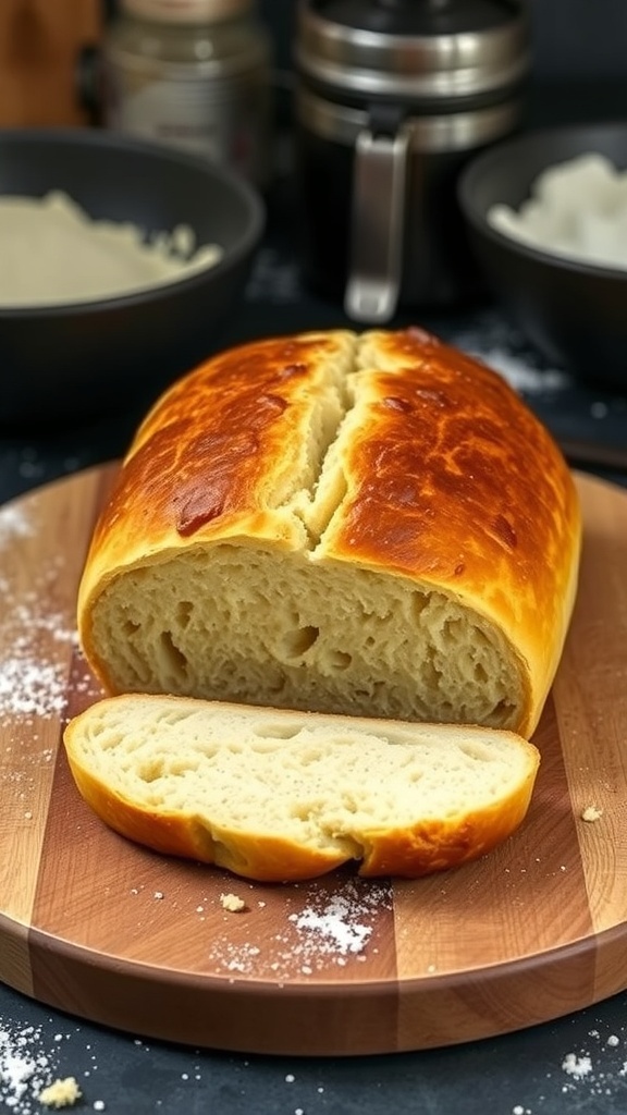 24-Hour Dutch Oven Bread Recipe A golden-brown loaf of Dutch oven bread on a wooden board, with slices revealing a soft interior.